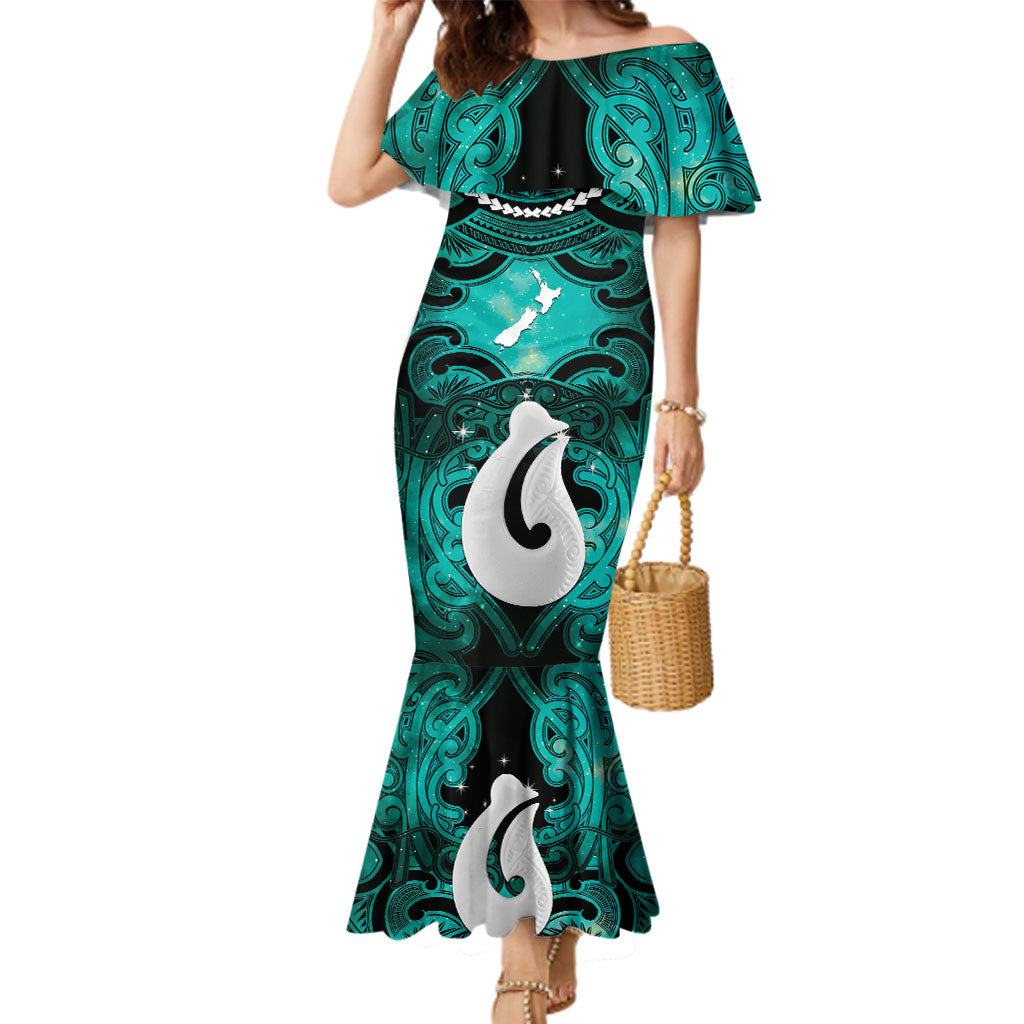 Personalised Maori Matariki Hei Matau Turquoise Family Matching Mermaid Dress and Hawaiian Shirt Maori Kowhaiwhai Pattern Galaxy LT01 Mom's Dress Turquoise - Polynesian Pride