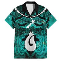 Personalised Maori Matariki Hei Matau Turquoise Family Matching Off The Shoulder Long Sleeve Dress and Hawaiian Shirt Maori Kowhaiwhai Pattern Galaxy LT01 Dad's Shirt - Short Sleeve Turquoise - Polynesian Pride