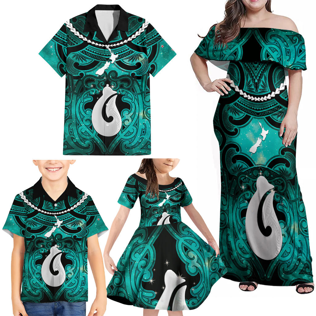 Personalised Maori Matariki Hei Matau Turquoise Family Matching Off Shoulder Maxi Dress and Hawaiian Shirt Maori Kowhaiwhai Pattern Galaxy LT01 - Polynesian Pride