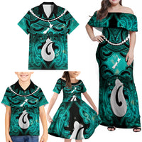 Personalised Maori Matariki Hei Matau Turquoise Family Matching Off Shoulder Maxi Dress and Hawaiian Shirt Maori Kowhaiwhai Pattern Galaxy LT01 - Polynesian Pride