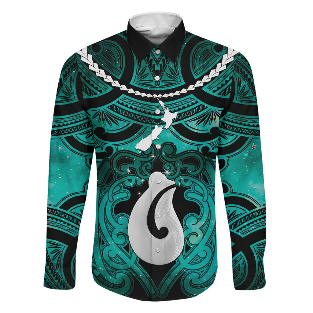 Personalised Maori Matariki Hei Matau Turquoise Family Matching Off Shoulder Short Dress and Hawaiian Shirt Maori Kowhaiwhai Pattern Galaxy LT01 Dad's Shirt - Long Sleeve Turquoise - Polynesian Pride