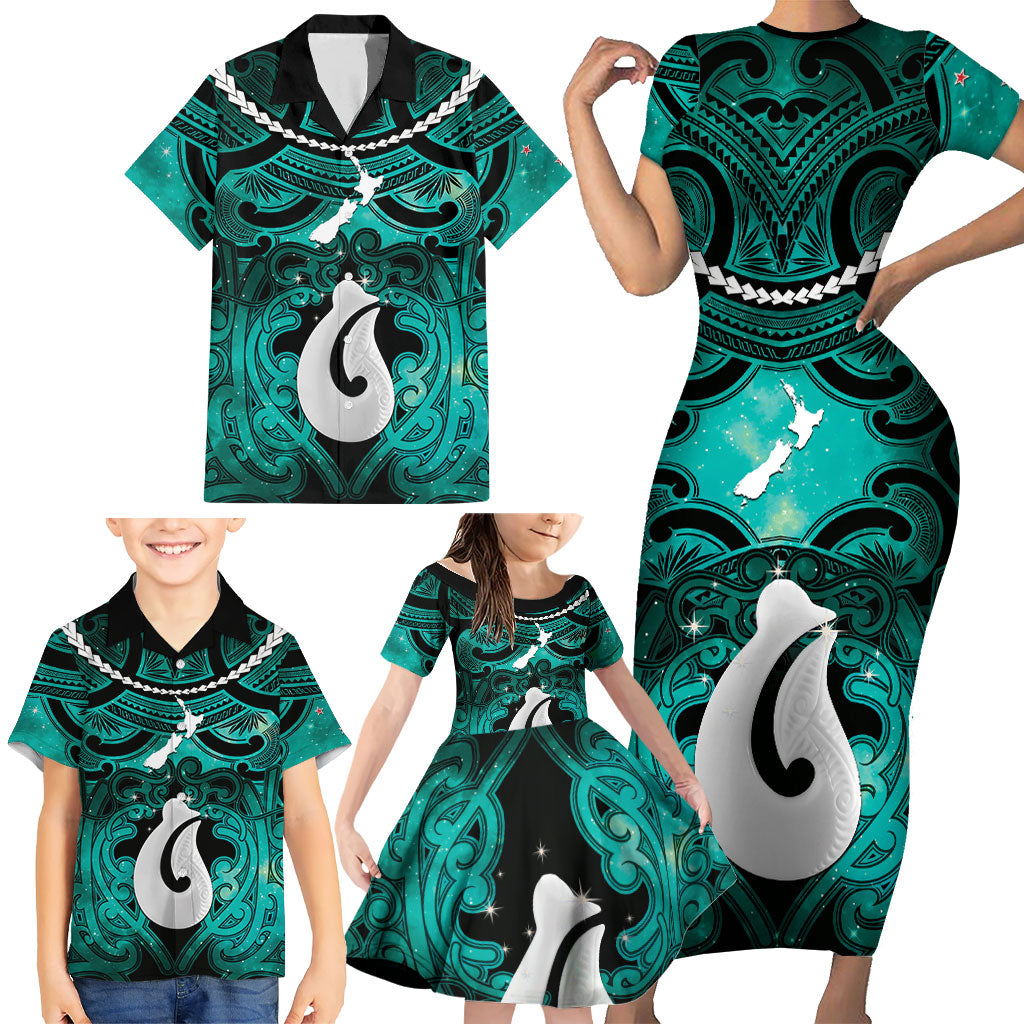 Personalised Maori Matariki Hei Matau Turquoise Family Matching Short Sleeve Bodycon Dress and Hawaiian Shirt Maori Kowhaiwhai Pattern Galaxy LT01 - Polynesian Pride