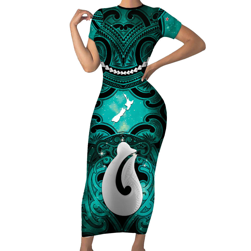 Personalised Maori Matariki Hei Matau Turquoise Family Matching Short Sleeve Bodycon Dress and Hawaiian Shirt Maori Kowhaiwhai Pattern Galaxy LT01 Mom's Dress Turquoise - Polynesian Pride