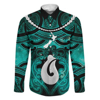 Personalised Maori Matariki Hei Matau Turquoise Family Matching Summer Maxi Dress and Hawaiian Shirt Maori Kowhaiwhai Pattern Galaxy LT01 Dad's Shirt - Long Sleeve Turquoise - Polynesian Pride