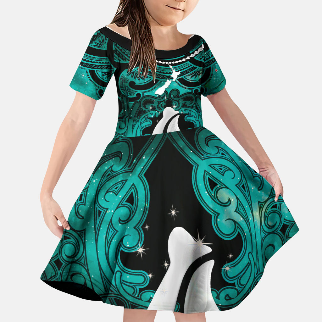 Personalised Maori Matariki Hei Matau Turquoise Family Matching Tank Maxi Dress and Hawaiian Shirt Maori Kowhaiwhai Pattern Galaxy LT01 Daughter's Dress Turquoise - Polynesian Pride