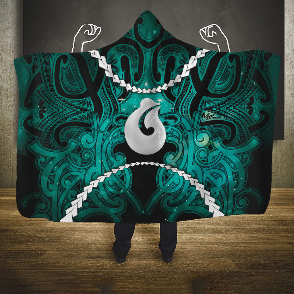 Maori Matariki Hei Matau Turquoise Hooded Blanket Maori Kowhaiwhai Pattern Galaxy