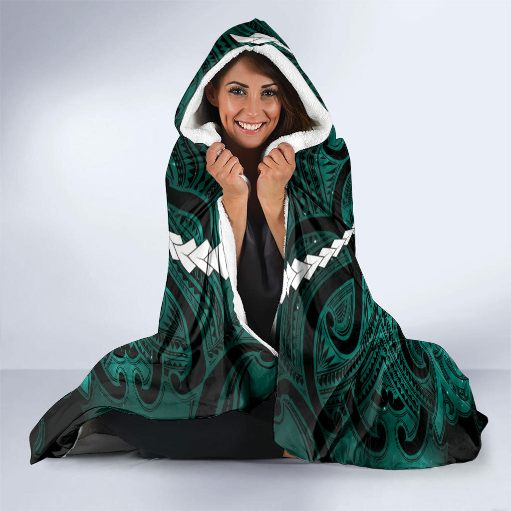 Maori Matariki Hei Matau Turquoise Hooded Blanket Maori Kowhaiwhai Pattern Galaxy