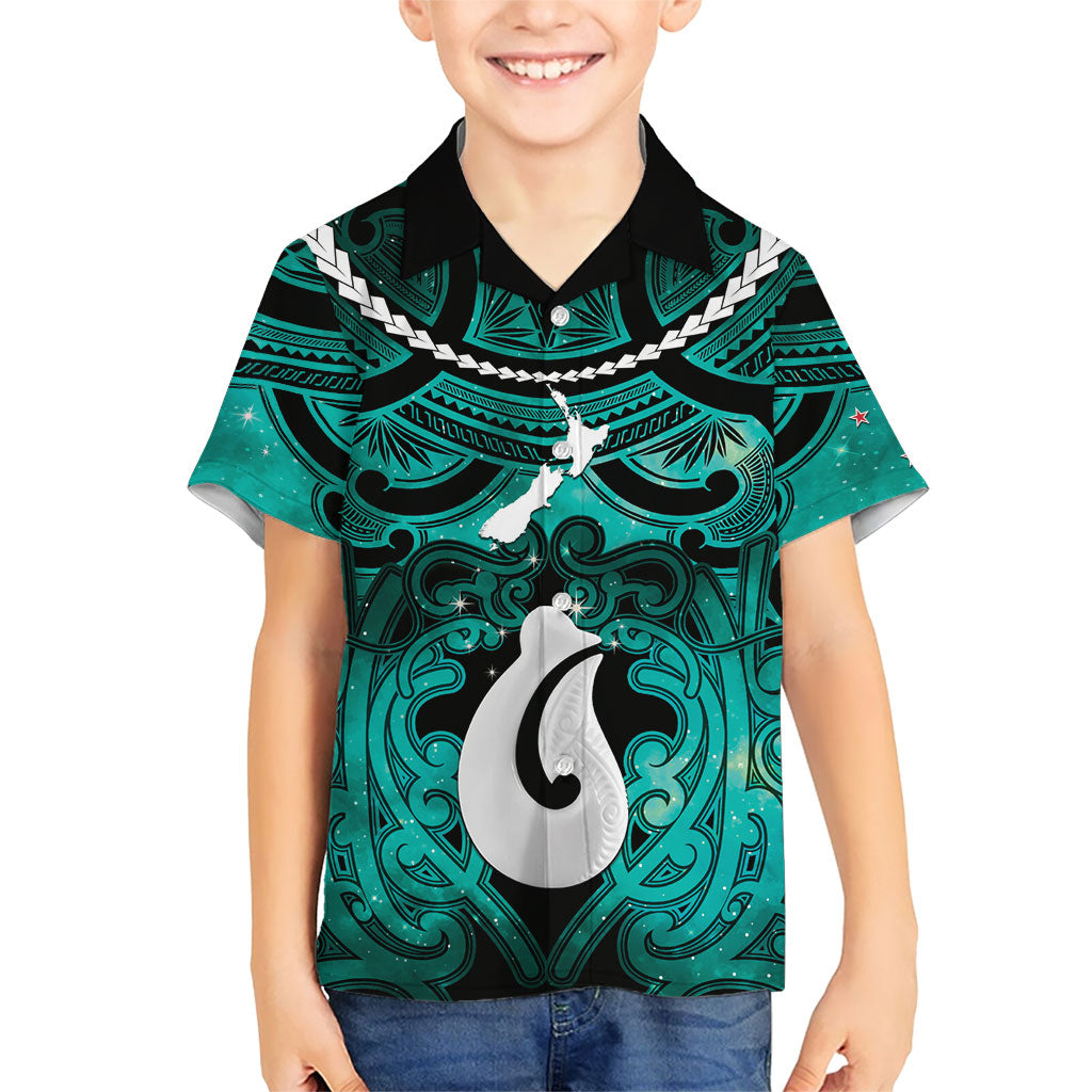 Personalised Maori Matariki Hei Matau Turquoise Kid Hawaiian Shirt Maori Kowhaiwhai Pattern Galaxy