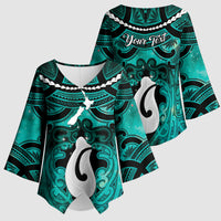 Personalised Maori Matariki Hei Matau Turquoise Kimono Sleeve Blouse Maori Kowhaiwhai Pattern Galaxy