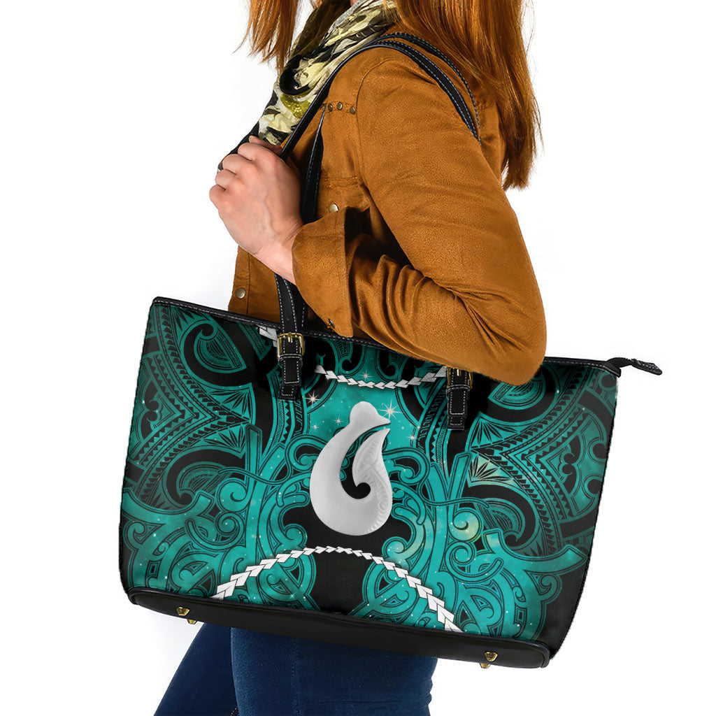 Maori Matariki Hei Matau Turquoise Leather Tote Bag Maori Kowhaiwhai Pattern Galaxy