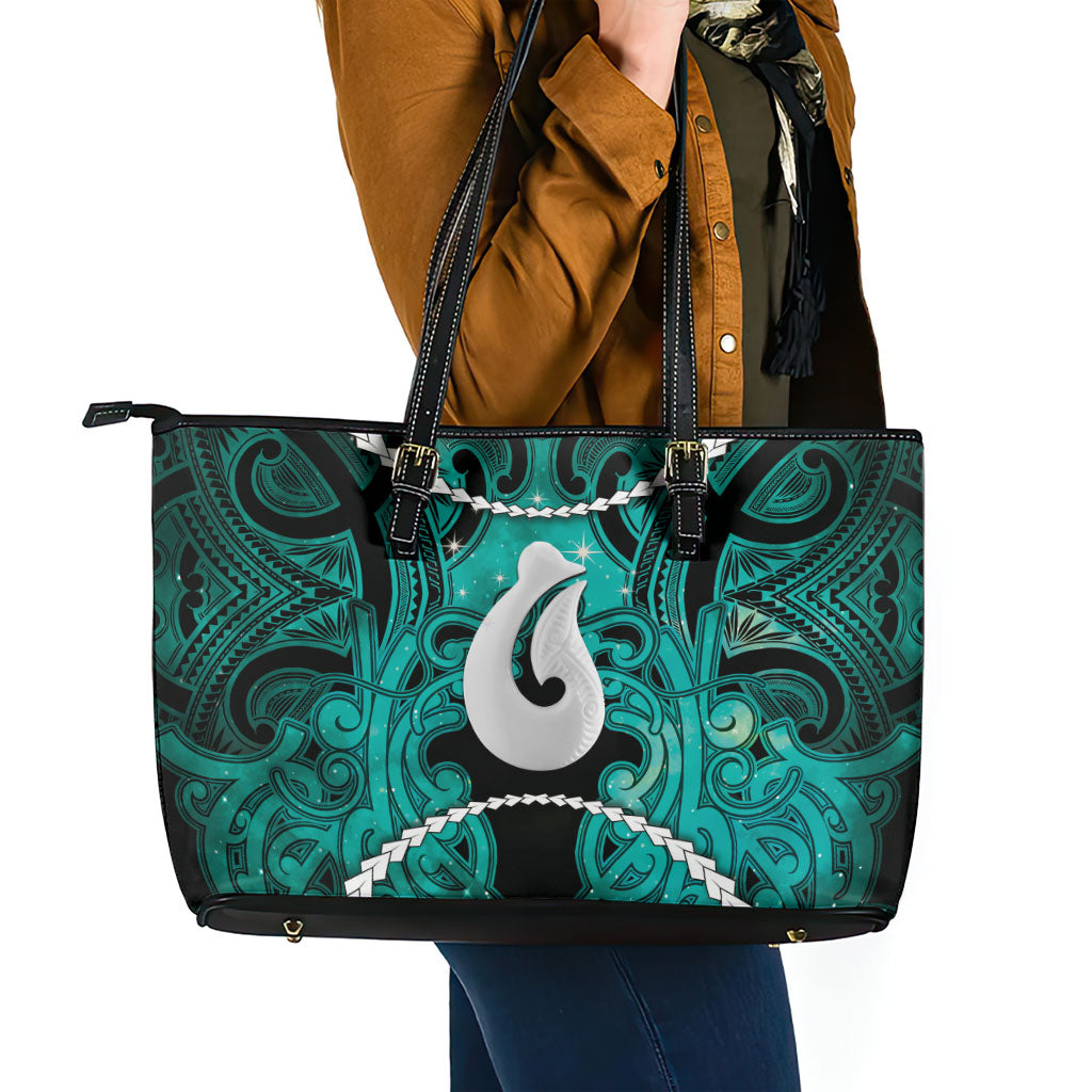 Maori Matariki Hei Matau Turquoise Leather Tote Bag Maori Kowhaiwhai Pattern Galaxy