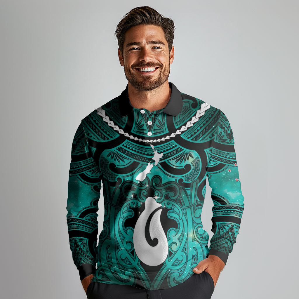 Personalised Maori Matariki Hei Matau Turquoise Long Sleeve Polo Shirt Maori Kowhaiwhai Pattern Galaxy