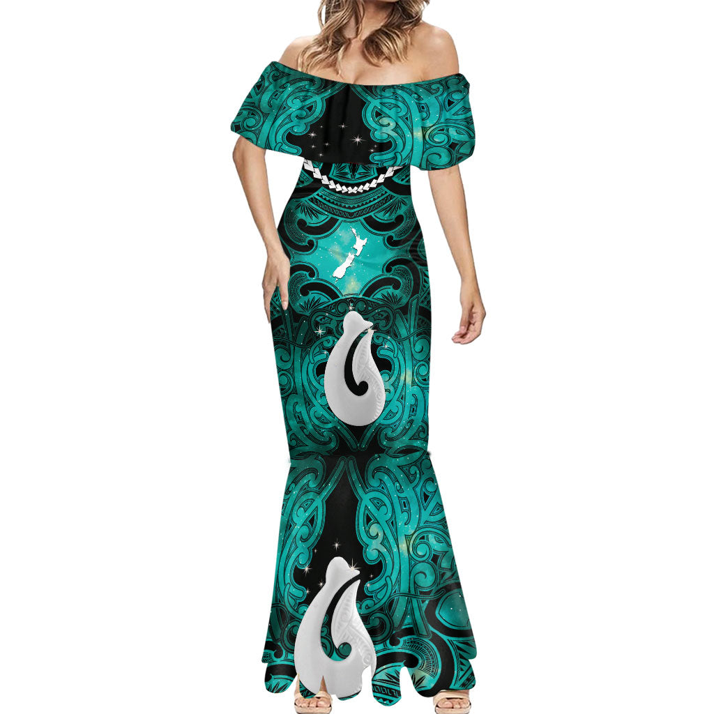 Personalised Maori Matariki Hei Matau Turquoise Mermaid Dress Maori Kowhaiwhai Pattern Galaxy