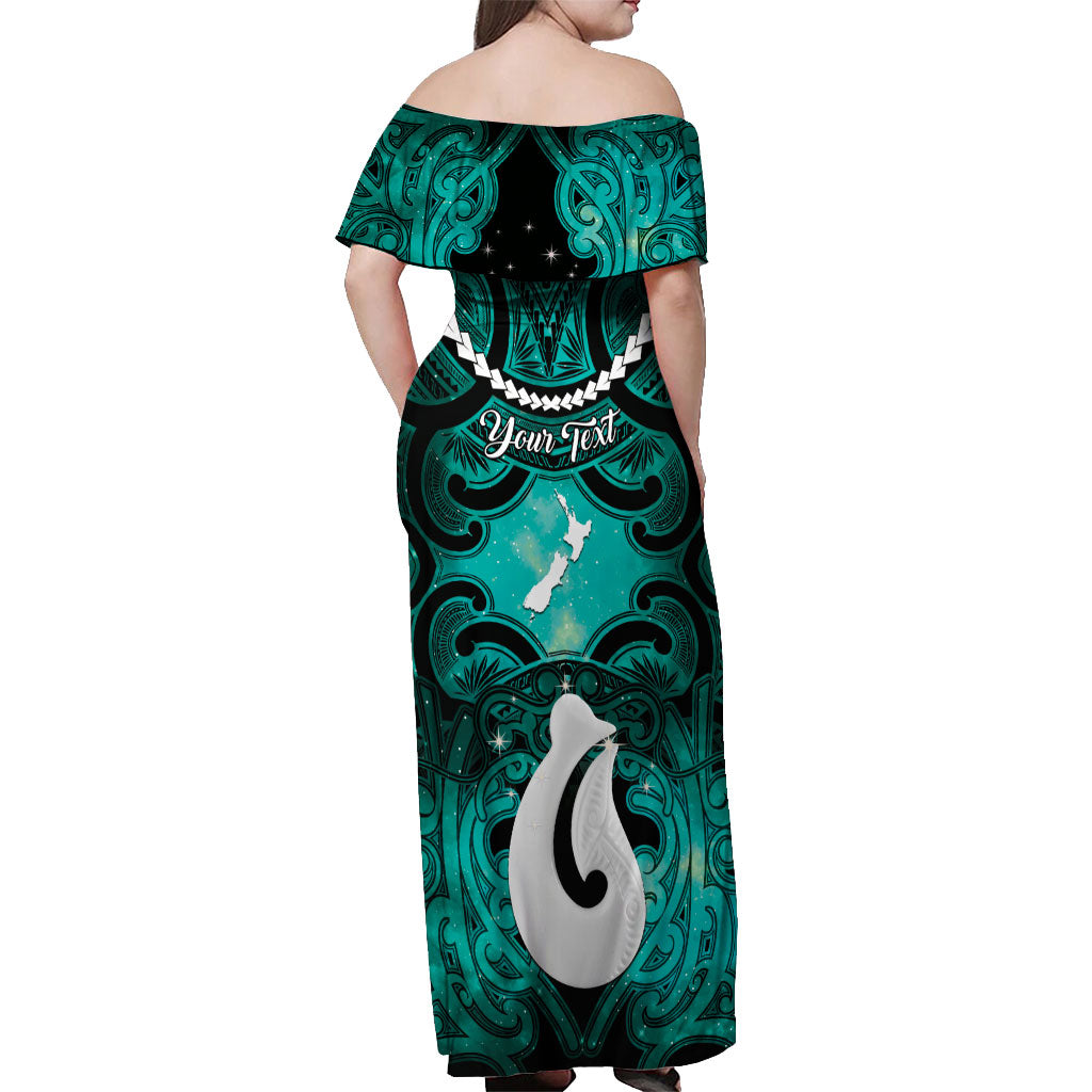 Personalised Maori Matariki Hei Matau Turquoise Off Shoulder Maxi Dress Maori Kowhaiwhai Pattern Galaxy