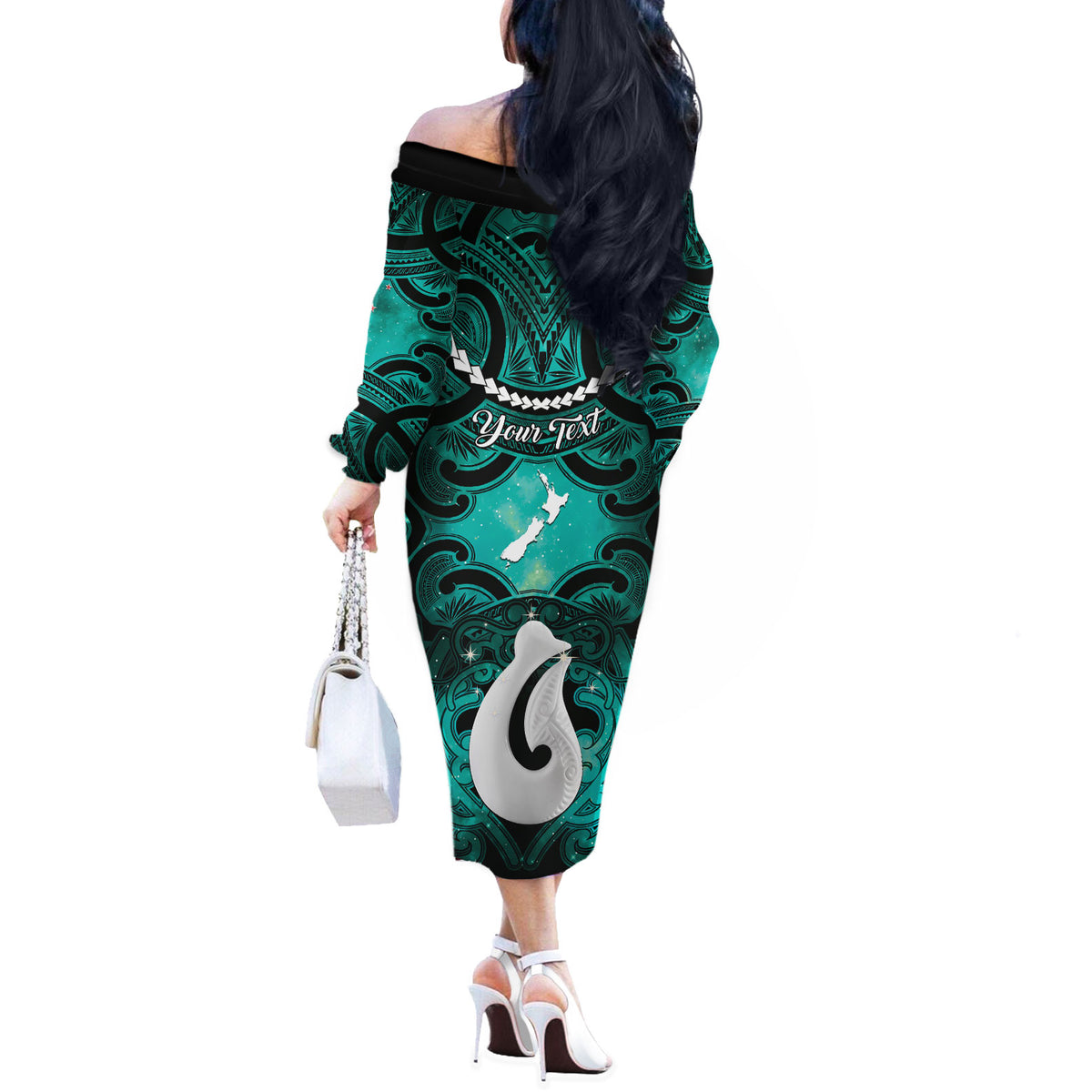Personalised Maori Matariki Hei Matau Turquoise Off The Shoulder Long Sleeve Dress Maori Kowhaiwhai Pattern Galaxy