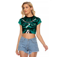 Personalised Maori Matariki Hei Matau Turquoise Raglan Cropped T Shirt Maori Kowhaiwhai Pattern Galaxy