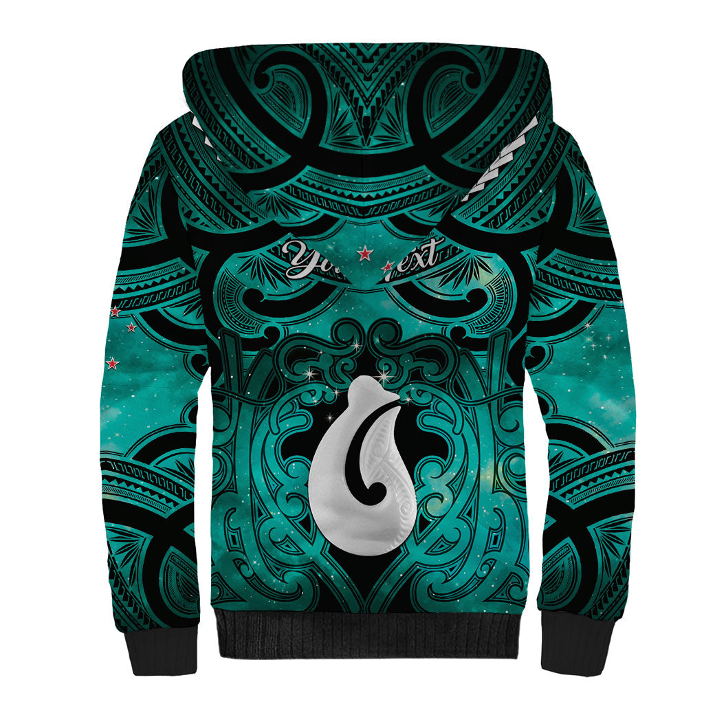 Personalised Maori Matariki Hei Matau Turquoise Sherpa Hoodie Maori Kowhaiwhai Pattern Galaxy