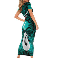 Personalised Maori Matariki Hei Matau Turquoise Short Sleeve Bodycon Dress Maori Kowhaiwhai Pattern Galaxy