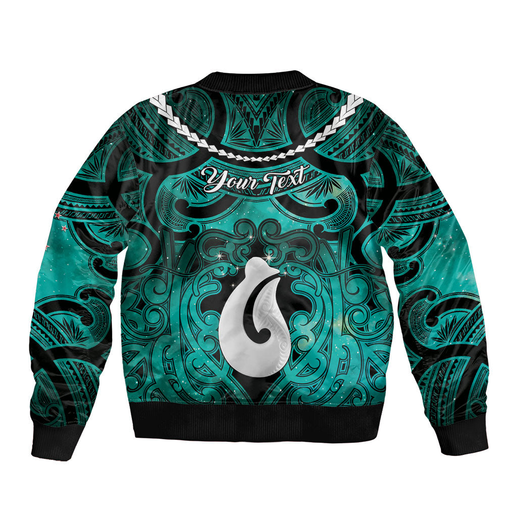 Personalised Maori Matariki Hei Matau Turquoise Sleeve Zip Bomber Jacket Maori Kowhaiwhai Pattern Galaxy