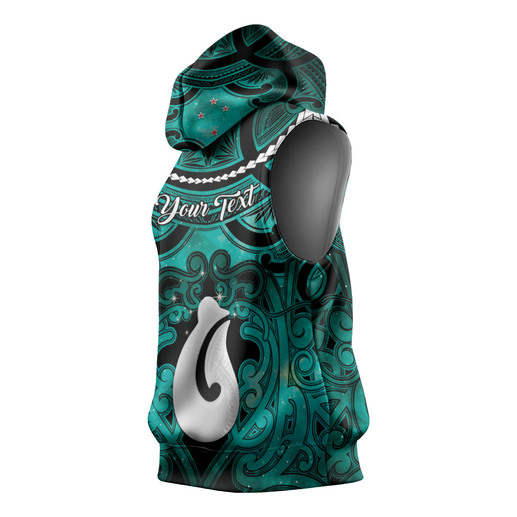 Personalised Maori Matariki Hei Matau Turquoise Sleeveless Hoodie Maori Kowhaiwhai Pattern Galaxy