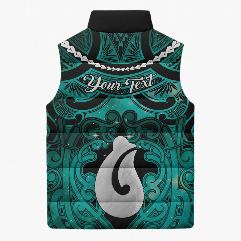 Personalised Maori Matariki Hei Matau Turquoise Sleeveless Puffer Jacket Maori Kowhaiwhai Pattern Galaxy