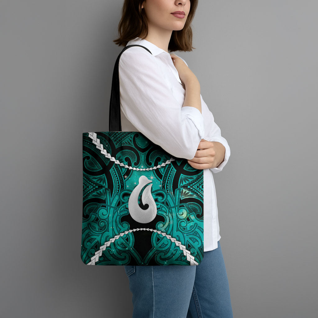 Maori Matariki Hei Matau Turquoise Tote Bag Maori Kowhaiwhai Pattern Galaxy