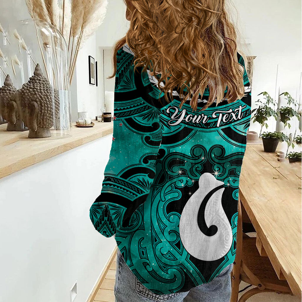 Personalised Maori Matariki Hei Matau Turquoise Women Casual Shirt Maori Kowhaiwhai Pattern Galaxy