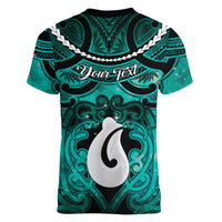 Personalised Maori Matariki Hei Matau Turquoise Women V-Neck T-Shirt Maori Kowhaiwhai Pattern Galaxy