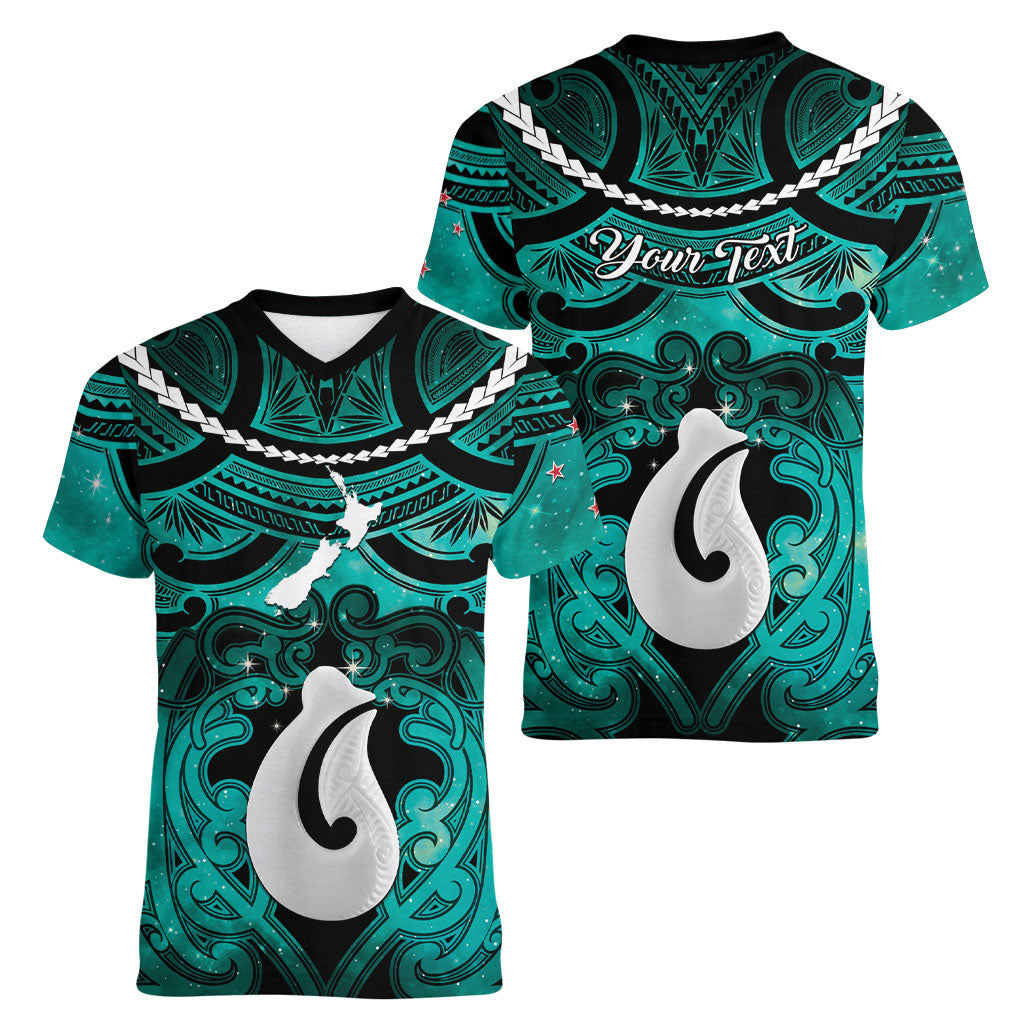 Personalised Maori Matariki Hei Matau Turquoise Women V-Neck T-Shirt Maori Kowhaiwhai Pattern Galaxy