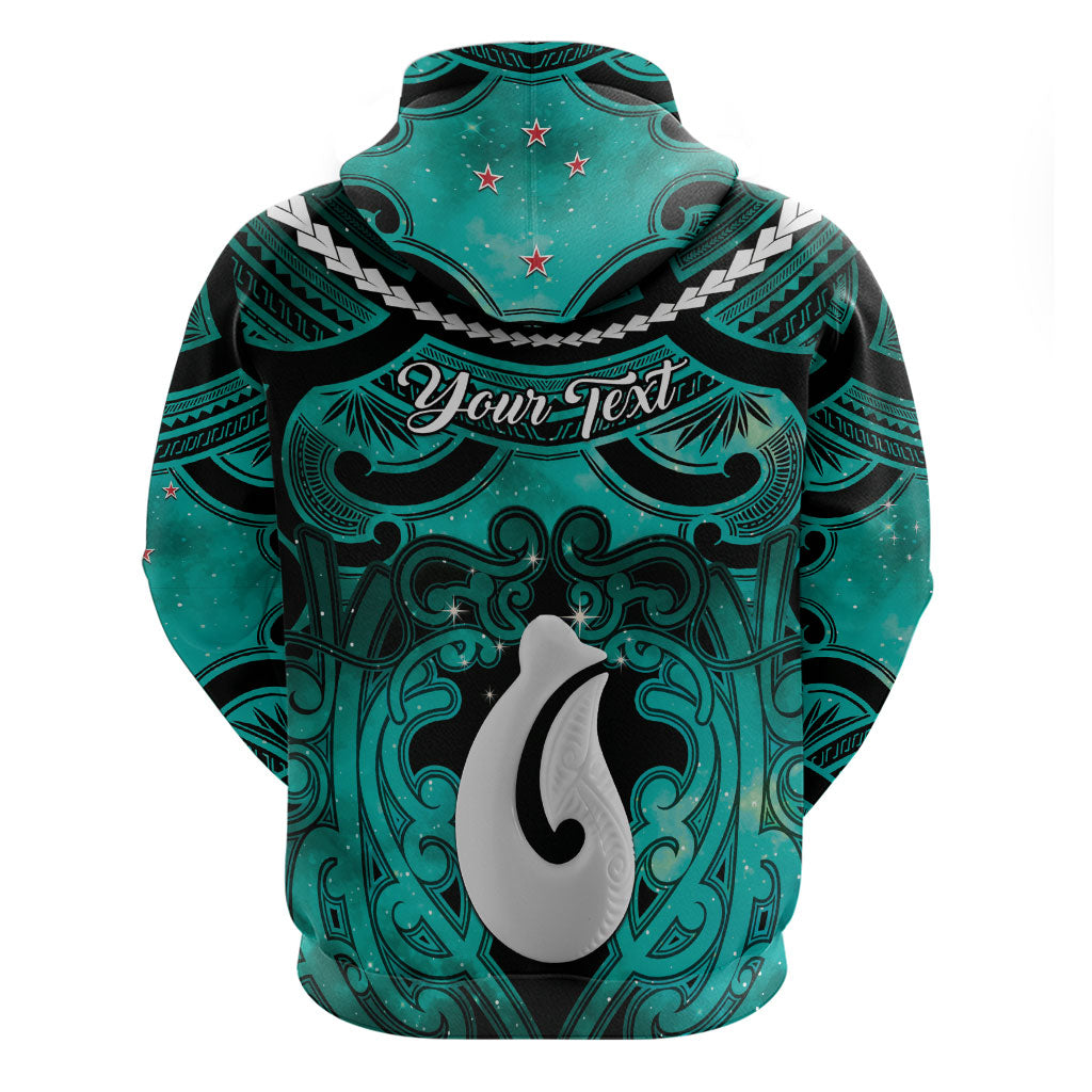Personalised Maori Matariki Hei Matau Turquoise Zip Hoodie Maori Kowhaiwhai Pattern Galaxy