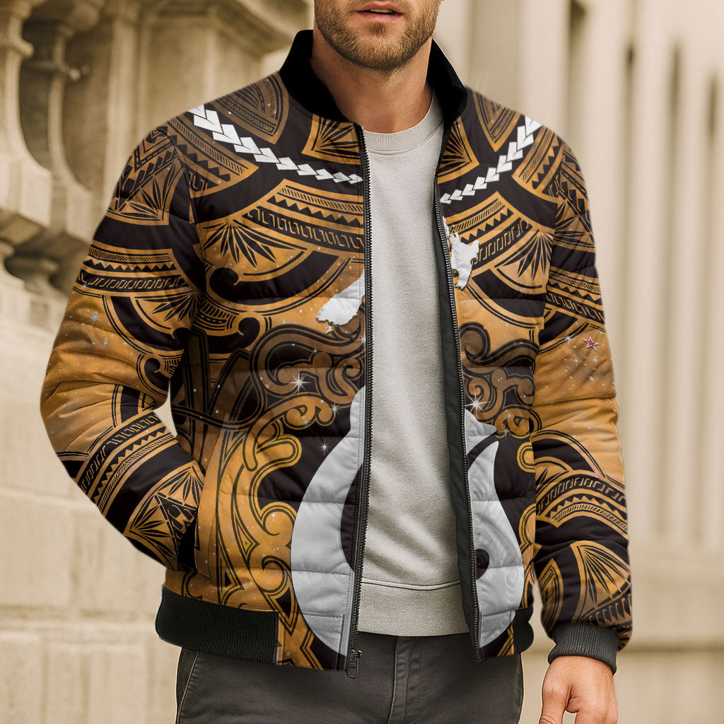 Personalised Maori Matariki Hei Matau Kowhai Bomber Puffer Jacket Maori Kowhaiwhai Pattern Galaxy