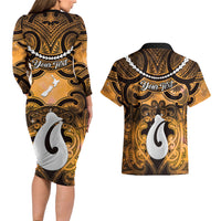 Personalised Maori Matariki Hei Matau Kowhai Couples Matching Long Sleeve Bodycon Dress and Hawaiian Shirt Maori Kowhaiwhai Pattern Galaxy LT01 - Polynesian Pride