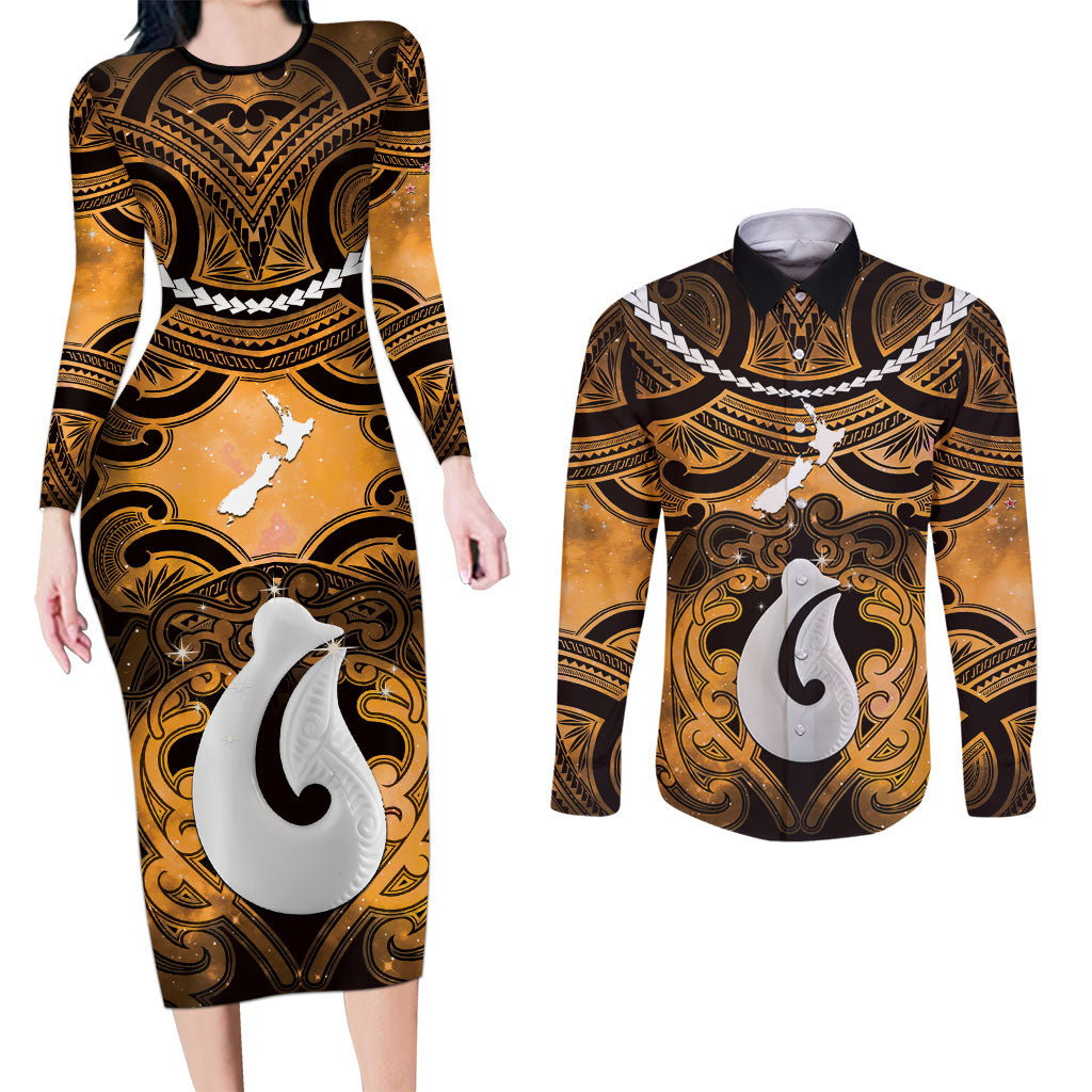 Personalised Maori Matariki Hei Matau Kowhai Couples Matching Long Sleeve Bodycon Dress and Long Sleeve Button Shirt Maori Kowhaiwhai Pattern Galaxy LT01 Yellow - Polynesian Pride