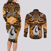 Personalised Maori Matariki Hei Matau Kowhai Couples Matching Long Sleeve Bodycon Dress and Long Sleeve Button Shirt Maori Kowhaiwhai Pattern Galaxy LT01 - Polynesian Pride