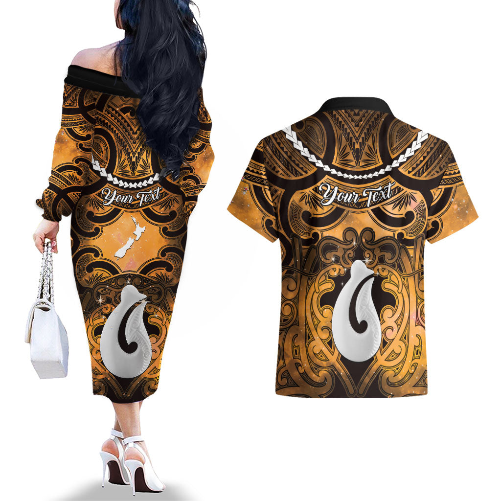 Personalised Maori Matariki Hei Matau Kowhai Couples Matching Off The Shoulder Long Sleeve Dress and Hawaiian Shirt Maori Kowhaiwhai Pattern Galaxy LT01 - Polynesian Pride