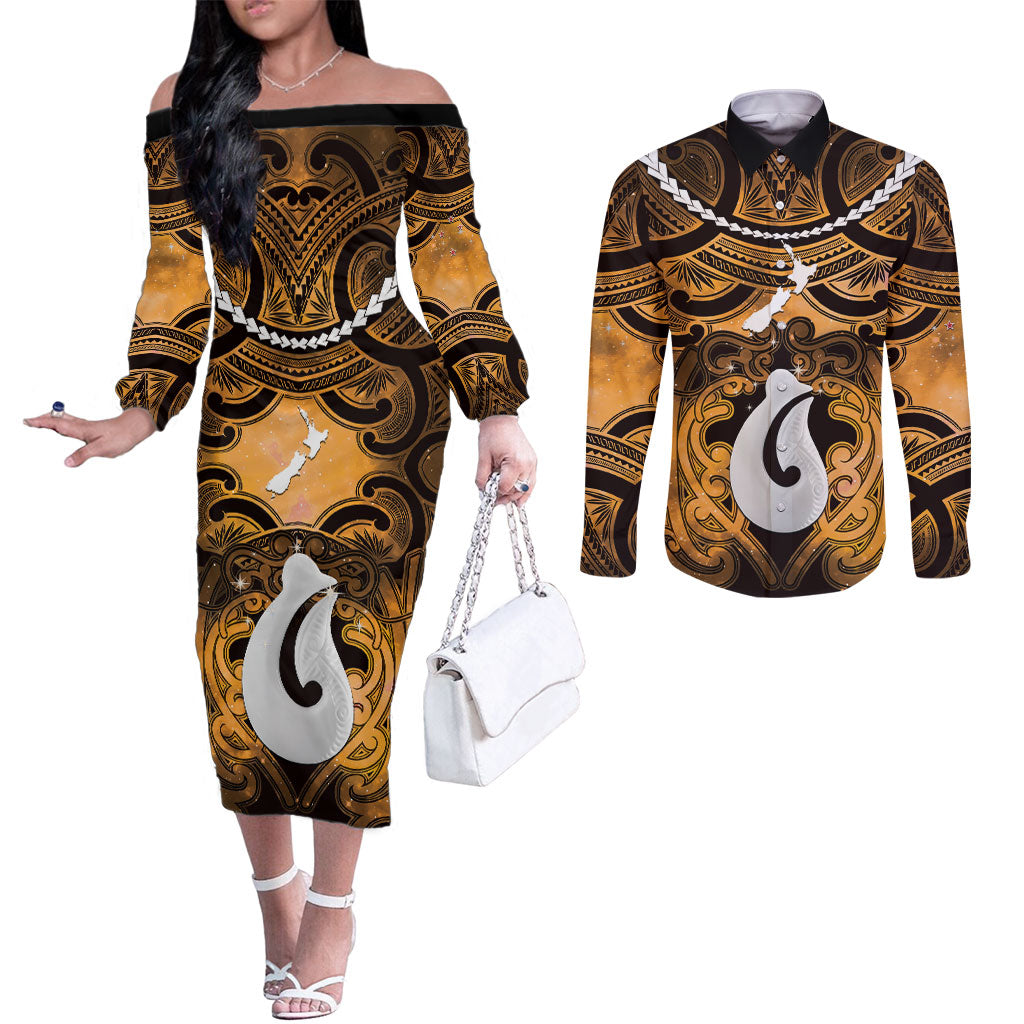 Personalised Maori Matariki Hei Matau Kowhai Couples Matching Off The Shoulder Long Sleeve Dress and Long Sleeve Button Shirt Maori Kowhaiwhai Pattern Galaxy LT01 Yellow - Polynesian Pride