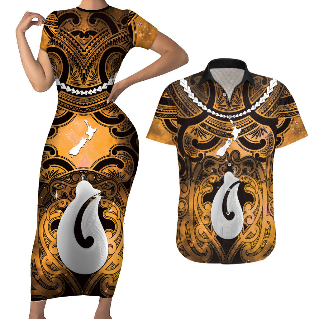 Personalised Maori Matariki Hei Matau Kowhai Couples Matching Short Sleeve Bodycon Dress and Hawaiian Shirt Maori Kowhaiwhai Pattern Galaxy