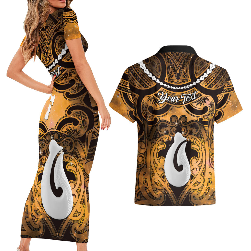Personalised Maori Matariki Hei Matau Kowhai Couples Matching Short Sleeve Bodycon Dress and Hawaiian Shirt Maori Kowhaiwhai Pattern Galaxy LT01 - Polynesian Pride