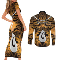 Personalised Maori Matariki Hei Matau Kowhai Couples Matching Short Sleeve Bodycon Dress and Long Sleeve Button Shirt Maori Kowhaiwhai Pattern Galaxy