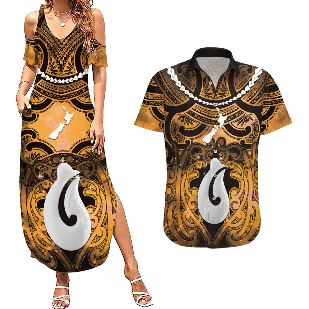 Personalised Maori Matariki Hei Matau Kowhai Couples Matching Summer Maxi Dress and Hawaiian Shirt Maori Kowhaiwhai Pattern Galaxy