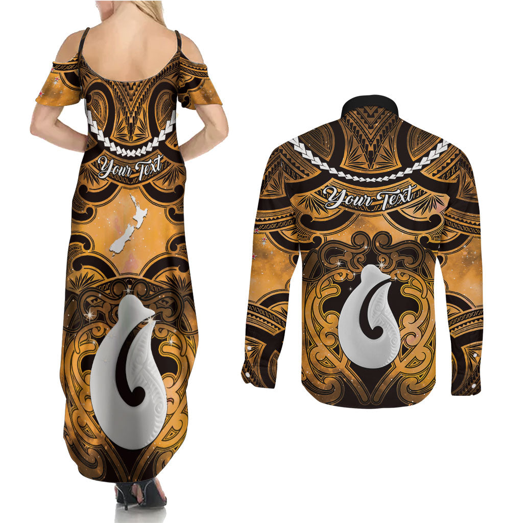 Personalised Maori Matariki Hei Matau Kowhai Couples Matching Summer Maxi Dress and Long Sleeve Button Shirt Maori Kowhaiwhai Pattern Galaxy