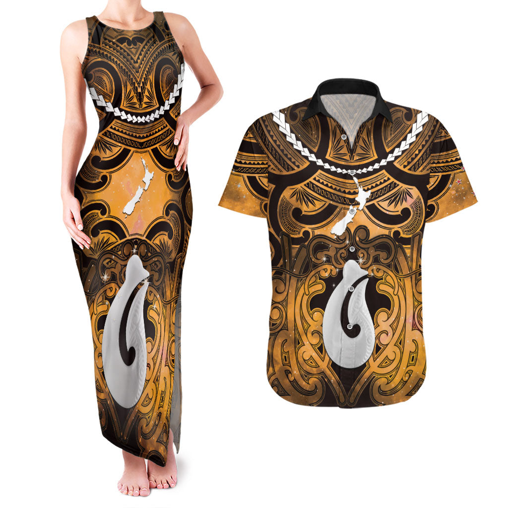 Personalised Maori Matariki Hei Matau Kowhai Couples Matching Tank Maxi Dress and Hawaiian Shirt Maori Kowhaiwhai Pattern Galaxy LT01 Yellow - Polynesian Pride