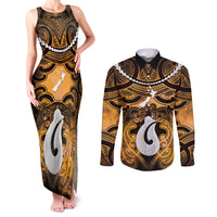 Personalised Maori Matariki Hei Matau Kowhai Couples Matching Tank Maxi Dress and Long Sleeve Button Shirt Maori Kowhaiwhai Pattern Galaxy LT01 Yellow - Polynesian Pride