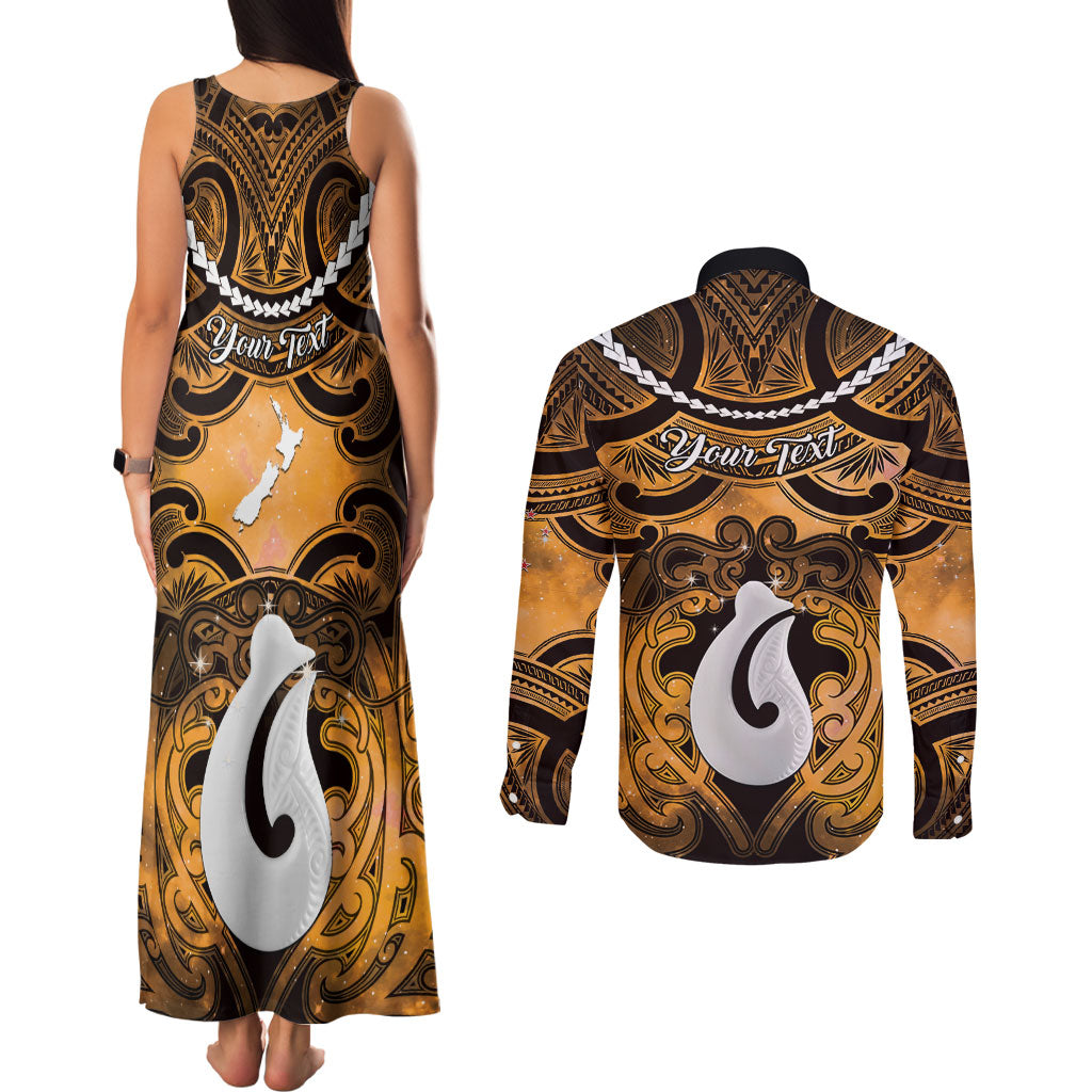 Personalised Maori Matariki Hei Matau Kowhai Couples Matching Tank Maxi Dress and Long Sleeve Button Shirt Maori Kowhaiwhai Pattern Galaxy LT01 - Polynesian Pride