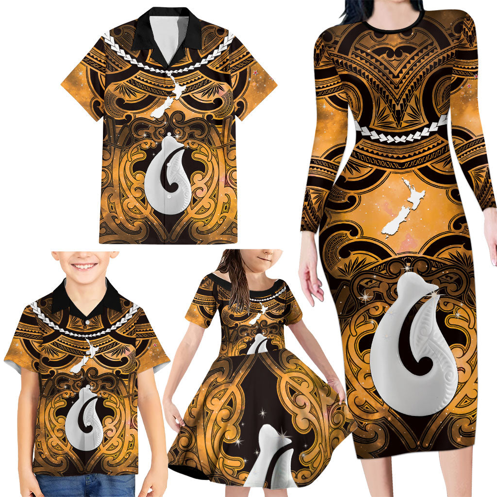 Personalised Maori Matariki Hei Matau Kowhai Family Matching Long Sleeve Bodycon Dress and Hawaiian Shirt Maori Kowhaiwhai Pattern Galaxy