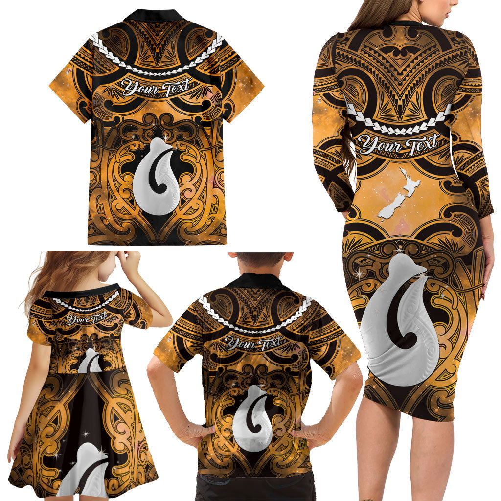 Personalised Maori Matariki Hei Matau Kowhai Family Matching Long Sleeve Bodycon Dress and Hawaiian Shirt Maori Kowhaiwhai Pattern Galaxy LT01 - Polynesian Pride
