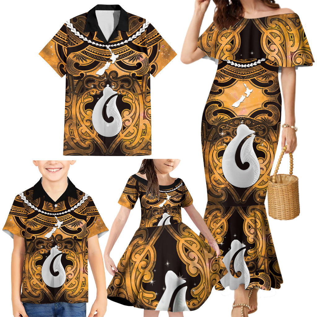 Personalised Maori Matariki Hei Matau Kowhai Family Matching Mermaid Dress and Hawaiian Shirt Maori Kowhaiwhai Pattern Galaxy LT01 - Polynesian Pride