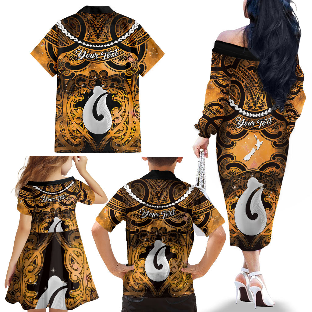 Personalised Maori Matariki Hei Matau Kowhai Family Matching Off The Shoulder Long Sleeve Dress and Hawaiian Shirt Maori Kowhaiwhai Pattern Galaxy LT01 - Polynesian Pride