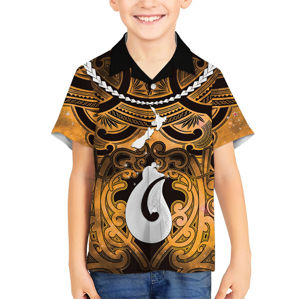 Personalised Maori Matariki Hei Matau Kowhai Family Matching Off The Shoulder Long Sleeve Dress and Hawaiian Shirt Maori Kowhaiwhai Pattern Galaxy LT01 Son's Shirt Yellow - Polynesian Pride