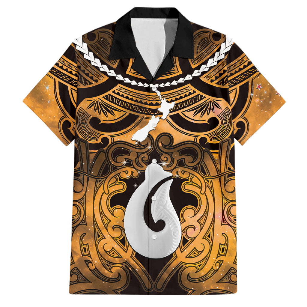 Personalised Maori Matariki Hei Matau Kowhai Family Matching Off Shoulder Maxi Dress and Hawaiian Shirt Maori Kowhaiwhai Pattern Galaxy LT01 Dad's Shirt - Short Sleeve Yellow - Polynesian Pride